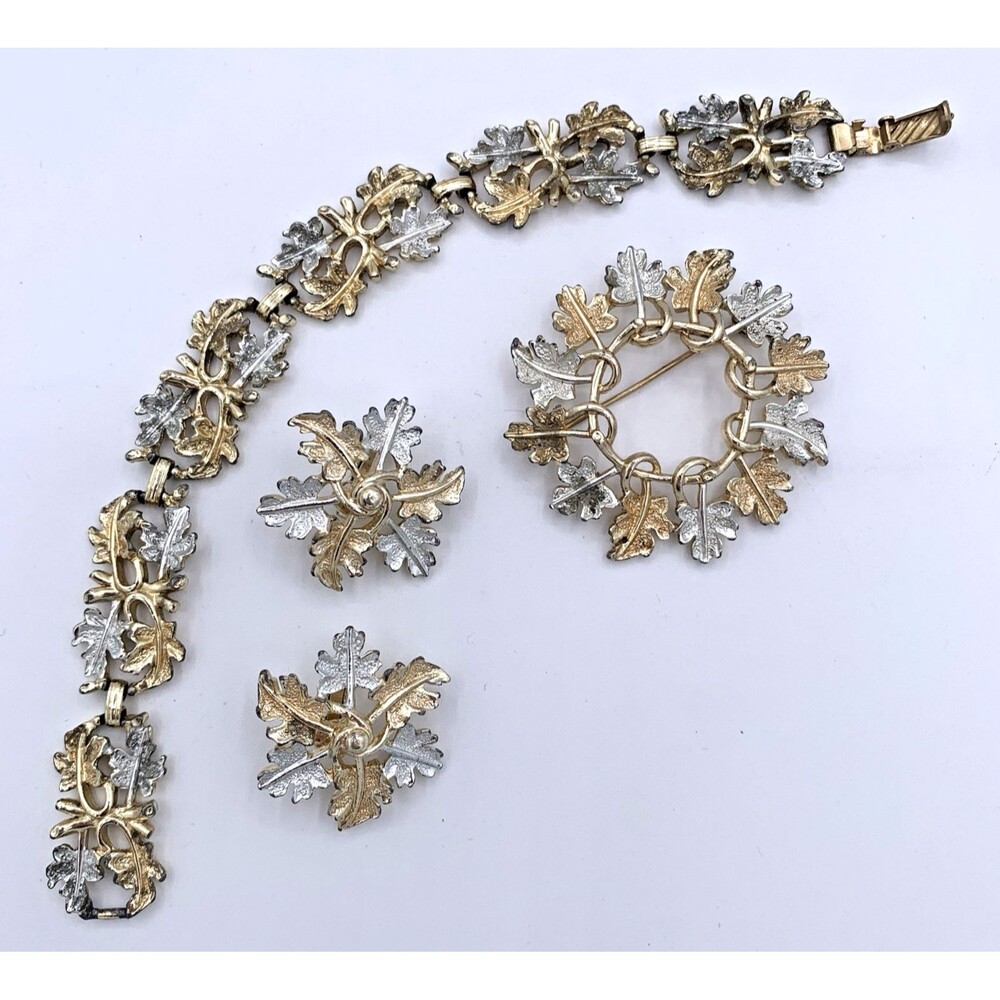 Vintage SARAH COVENTRY Leaf Set Brooch Bracelet Earrings Silver Gold Tone